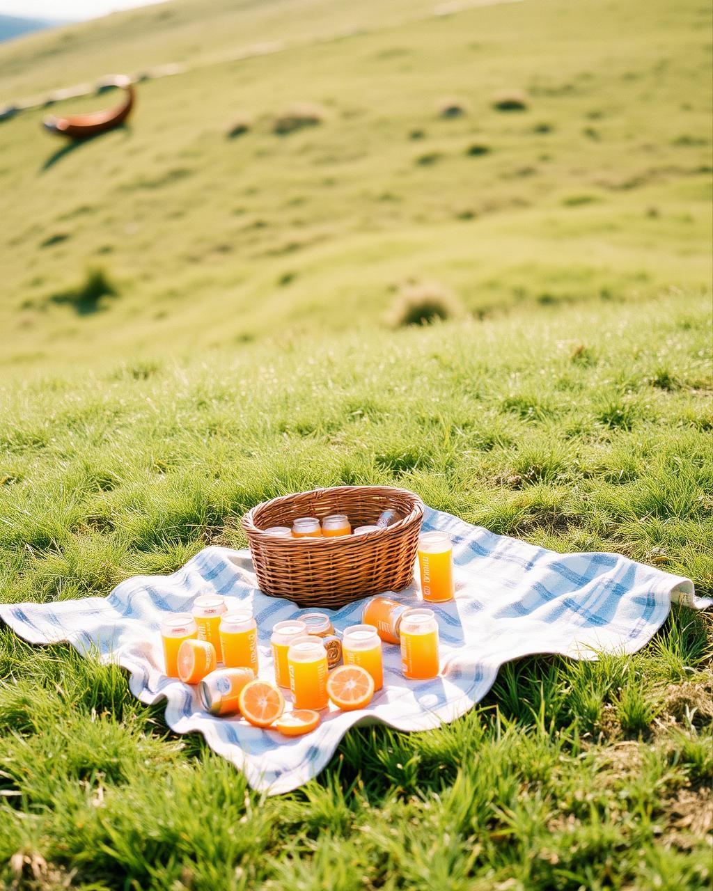 Picnic blanket on a sunny hillside with chilled Aurello cans